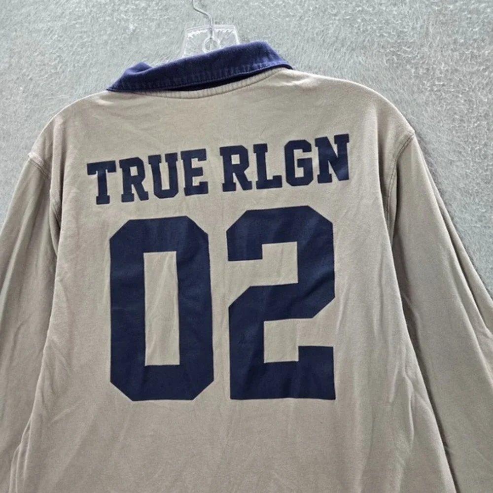 True‎ Religion Men Polo Shirt Large Beige Rugby Logo Embroidered Long Sleeve